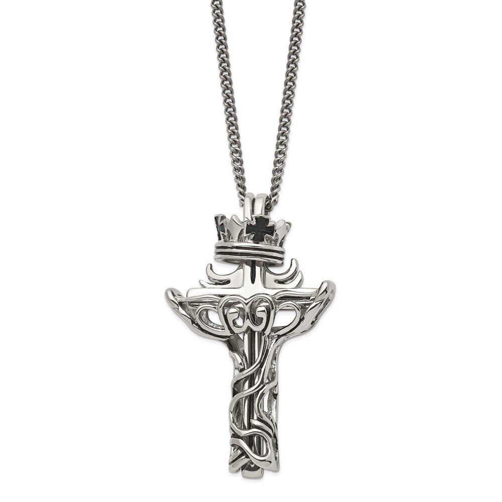 Stainless Steel Polished Enameled Crown/2 Piece Cross 22in Necklace